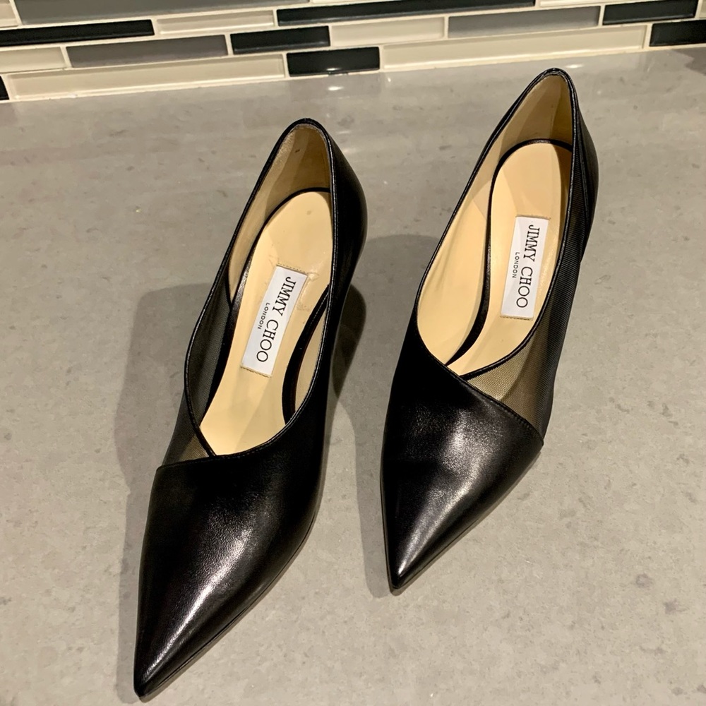 Black pointed Jimmy Choo heels with mesh side